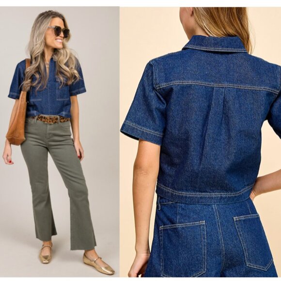 TECE Denim Short Sleeve pocket fron cropped top size L - Picture 2 of 12